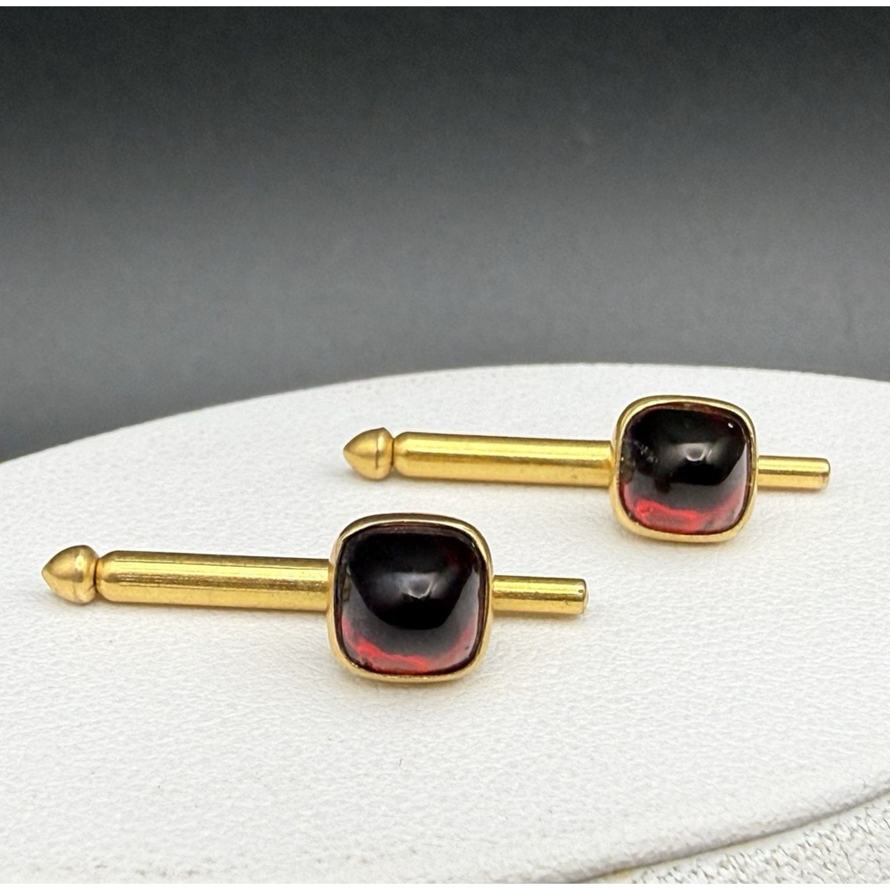Vintage Gold Tone T-Bar Cufflinks Square Garnet Color Glass Cabochon Mid Century